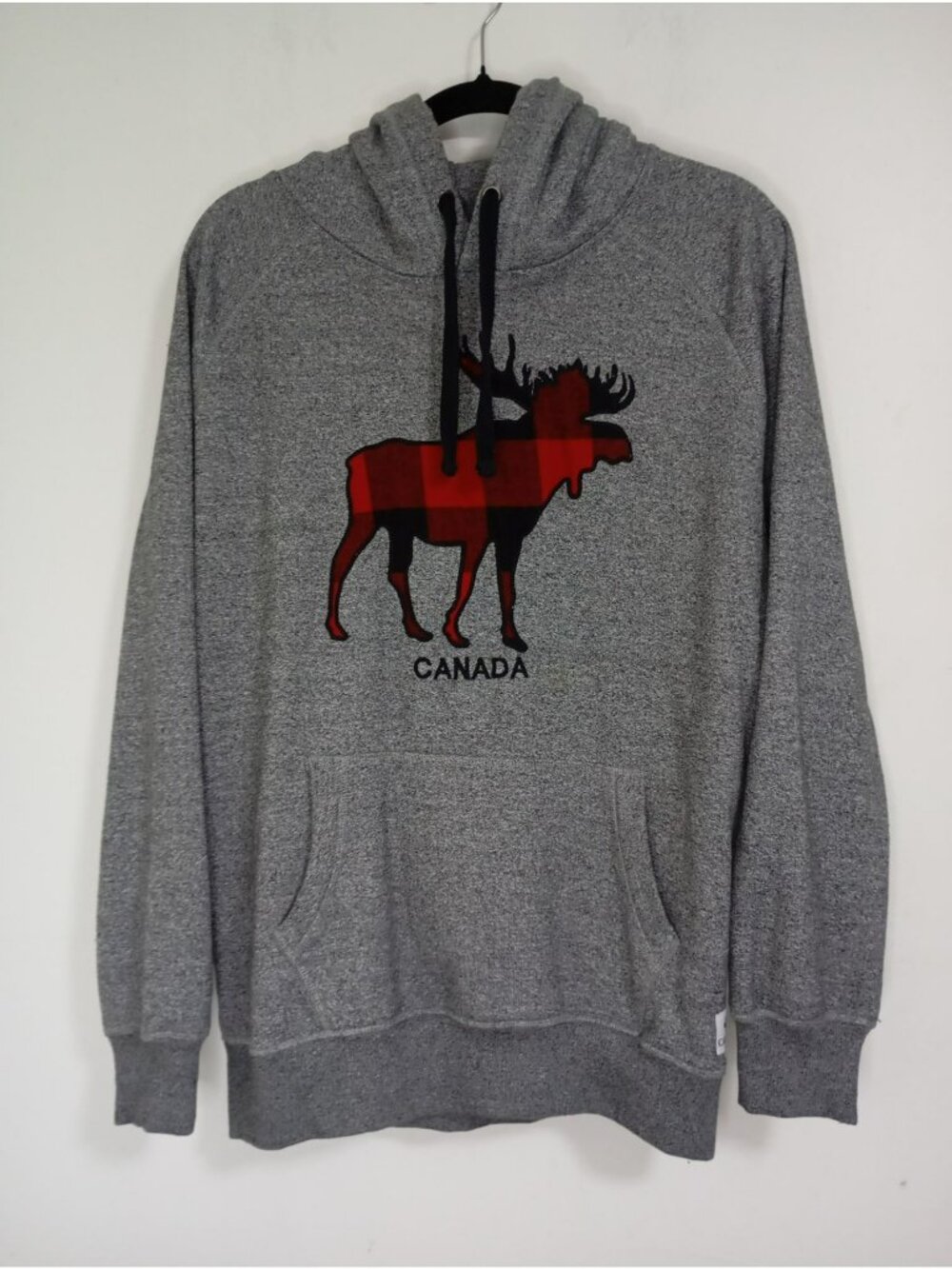 Canadian Moose Pullover Hoodie Gray Red Plaid Graphic Men Size M Polyester Blend